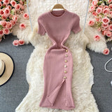 Fongt Version Of The Solid Color Collar Buckle Body Short Sleeve Elastic Knitted Forked And Left-Sleeved Dress 0022
