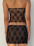 2pcs Set Women Lace Bustiers Strapless Off Shoulder Tube Tops Party Club Mesh See Through Tank Low Waist Short Skirts-Outfit