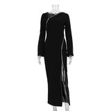 Fongt Women's Early Spring 2024 New Diagonal Shoulder Design Sense Zipper Slit Black Hip Wrap Dress-Outfit