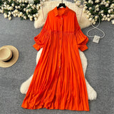 Fongt Retro Casual Dress Women's 2025 Spring Folding Lantern Sleeve Casual Loose Single-Dripple Shirt Long Dress