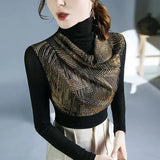 Chic Sequined Gauze T-shirt Patchwork Female Clothing Casual Turtleneck Spring Autumn Slim All-match Long Sleeve Pullovers-Outfit