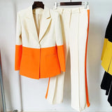 QUALITY Newest 2023 Designer Runway Set Women's Star Style Single Button Color Block Blazer Flare Pants