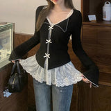 Aesthetic Lace Patchwork Bow Fake Two Piece Tee-Outfit