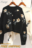 Women Sweaters And Pullovers O-Neck Long-Sleeved Short Flower Embroidery Loose Short Lady Elegant Pulls Outwear Coat