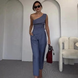 Fongt Summer New Hottie Collar Hanging Neck Repair On The Body Of High-Waisted Straight Trousers Set