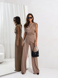 Fongt Faitry Face Solid-Colored Collared Folded Fork Vest Top Broad Leg Trousers Set Summer