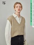 Women's Winter V-neck All-match Grey Sweater Vest Khaki Knitted Vest Pullovers Office Lady Green Retro Sweaters
