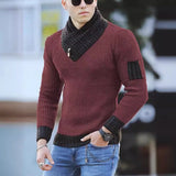 Fongt Men's Casual Slim Knit Jumper Long Sleeve Scarf Neck Sweater Men's