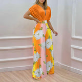 Fongt Women's Fall New Temperament V-Neck Print Wide-Leg Pants Fashion Casual Suit
