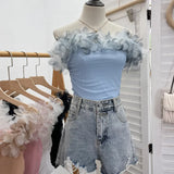 Three-Dimensional Flower Shoulder Sling Vest On Both Sides Of The Folding Mesh Repair Sleeveless Top