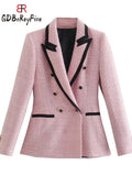 Women Tweed Blazers Thick Winter Elegant Slim Fit Pink Office Ladies Long Sleeve Pocket Coats Jacket Female Outerwear-Outfit