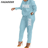 Long Sleeve Women Two Piece Solid Tracksuits Pink Letter Print O Neck Shirt & Casual Slim Pants Set Tracksuits