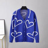 Women's Knitting Print Sweater Color Heart Single-Breasted Button Loose Casual Knitted Cardigan Sweaters Autumn V-neck