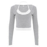 Fongt U-Shaped Low-Neck Two-Piece Striped T-Shirt Hanging Neck Vest 2025 Fashion-Colored Knitted Shirt