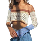 Long Sleeve Hollow Out Women's Crop Top Y2K Autumn Patchwork Female Pullover Color-Matching Casual Sweet Lady