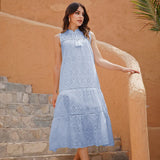 Long Simple Casual Solid Hollow Out Pure Cotton Holiday Style High Waist Fashion Mid-Calf Summer Dresses NEW