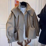 Autumn Oversized Casual Khaki Windbreaker Women Long Sleeve Drawstring Zipper
