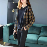 Printed Spliced Knitted Tops Spring Fashion Women's Clothing Loose Korean Long Sleeve Pullovers Round Neck Casual T-shirt-Outfit