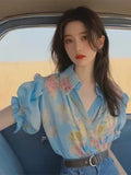 Fongt Spring And Summer New Small Shirt French Single Special Top Design Small Smell Blue Printed Shirt