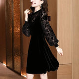 Fongt Velvet Dress Woman 2025 New Spring And Autumn Long Sleeves Chopped Flowers Retro Age-Old Light Style Chic Dress