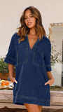 Fongt New Soft Denim Lapel Short Sleeve Loose Denim Dress-3223-Outfit