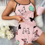Fongt Women's Butterfly Print Pajamas Set Style Comfortable And Casual Summer Soft Sling Vest