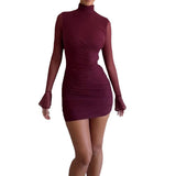Fongt Autumn New Fashion Half-High Collar Design Mesh Splicing Sleeve Slimming Bag Hip Skirt