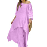 Fongt New Women's Cotton And Cotton Fashion Casual Large Code Irregular Long-Sleeved Set Of Wide Leg Pants Two Sets