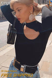 Sleeve Bodysuit Hollow Out Top Women Turtleneck T Shirt Autumn Winter Skinny Solid Rompers Streetwear Black