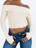 Women Off Shoulder Crop Tops Pullovers Solid Color Ribbed Slash Neck Sweaters Long Sleeve Exposed Navel Knitwear 2023-Outfit