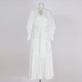 Fongt Temperament Dress 2025 New V-Neck Lantern Sleeves Folded Long Silk Dress Dress