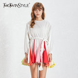 Spring Hit Color Patchwork Womens Dress O Neck Puff Sleeve Bandage Pleated Dresses Female 2022 Casual Fashion