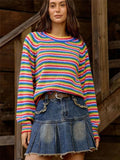 Fongt New Rainbow Striped Sweater Knitted Retro Round Long Sleeves Loose