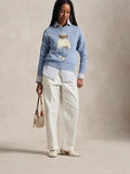 Fongt New Women's Casual Round-Neck Bear Pattern Embroidered Sweater Knitted Shirt