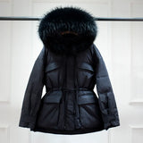Huge Real Raccoon Fur Hooded Waterproof Winter Duck Down Jacket Women Fashion Female Parkas Sash Tie Up Puffer