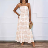 Fongt Women's Summer Hanging Neck Print Beach Hawaiian Vacation Dress With Ribs
