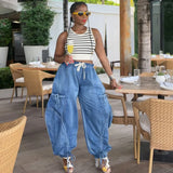 Fongt Women's Loose Jeans Women's Street Casual Draw With Tight Waist Harlan Pants