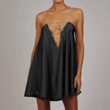Chain Satin Low Back Swing Dress with Iridescent Crystal Straps and Deep V Neck Sexy Celebrity Party Club Y2K