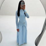 Fongt 2025 New Women's Pure Color Temperament Elegant Long-Sleeved Decorative Buckle Tied Dress Woman