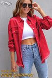 Holes Raw-edges Denim Jacket Women Spring Autumn Shirt Style Jeancoat Casual Top Rose-Red Orange Purple Outerwear Lady