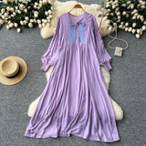 Fongt Industry Embroidery Loose Holiday Dress Women Large Size Show Lean Meat Sweet Tie With Round Lantern Sleeve Dress