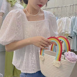 Blouse T-shirt Women Square Collar Puff Sleeve Big Hem High Waist Tops Shirts Female Casual