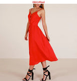 Boho Printed Beach Dress Women Spaghetti Straps Backless Sexy Dresses Female Casual Button Pocket Sleeveless Midi