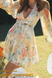 Print Tulle Dress Robe for Autumn Winter Flower Elegant Chic Women Dresses A-line Mini Party Dress Boho Beach