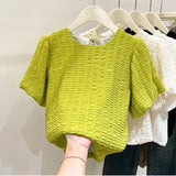 Women Sweet Round Neck Puff Sleeves Blouses Korean Chic Loose Lantern Sleeve