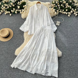 Fongt Suit Female Senior Sleeve Lace Splicing Lantern Long-Sleeved Shirt + High Waist Slim Swing Skirt