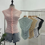 Drilling Sleeveless Vest Wearing Half-High Neck Net Yarn Slime Folded T-Shirt Blouse Female
