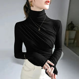 Women Turtleneck Full Sleeve Folds T Shirts Lady High Quality Elegant Elastic Tops Tees Female T-Shirt-Outfit