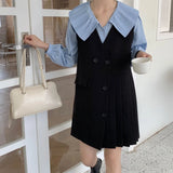 Folds Peter Pan Collar Puff Sleeve Single Breasted Shirt Loose Asymmetrical Knee Length Pleated Vest