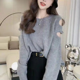 And Winter Korean Version Lazy Wind Hole Exposed Shoulder Pullover Female Design Sense Long-Sleeved Sweater Women's Minority Top Trend-Outfit